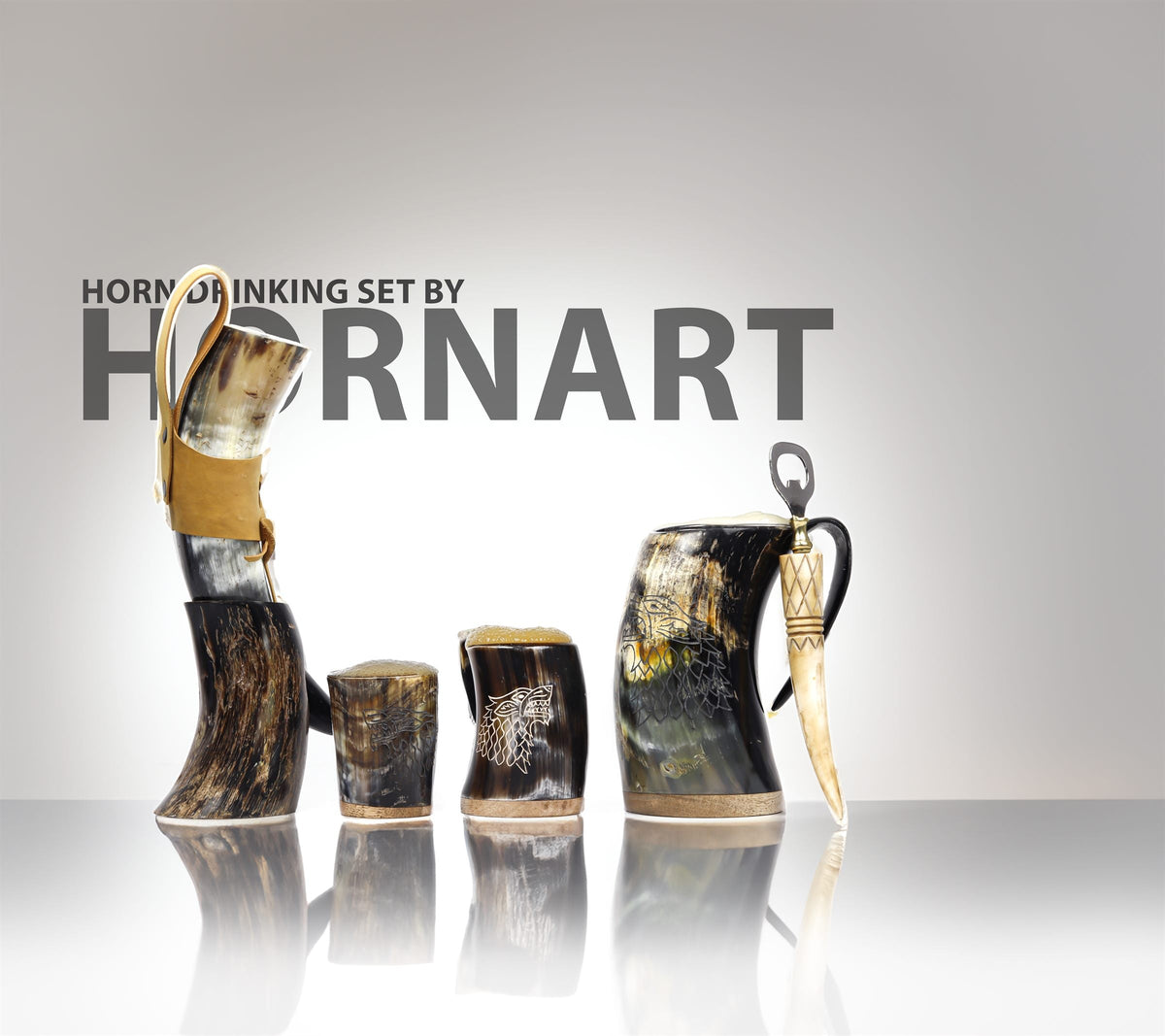 Natural ox horn Viking drinkware combo with mugs, drinking horn, shot cups and bottle opener