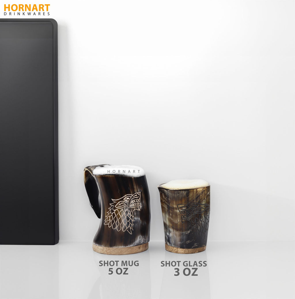 Natural ox horn Viking tequila mug and shot glass from the five-piece gift set
