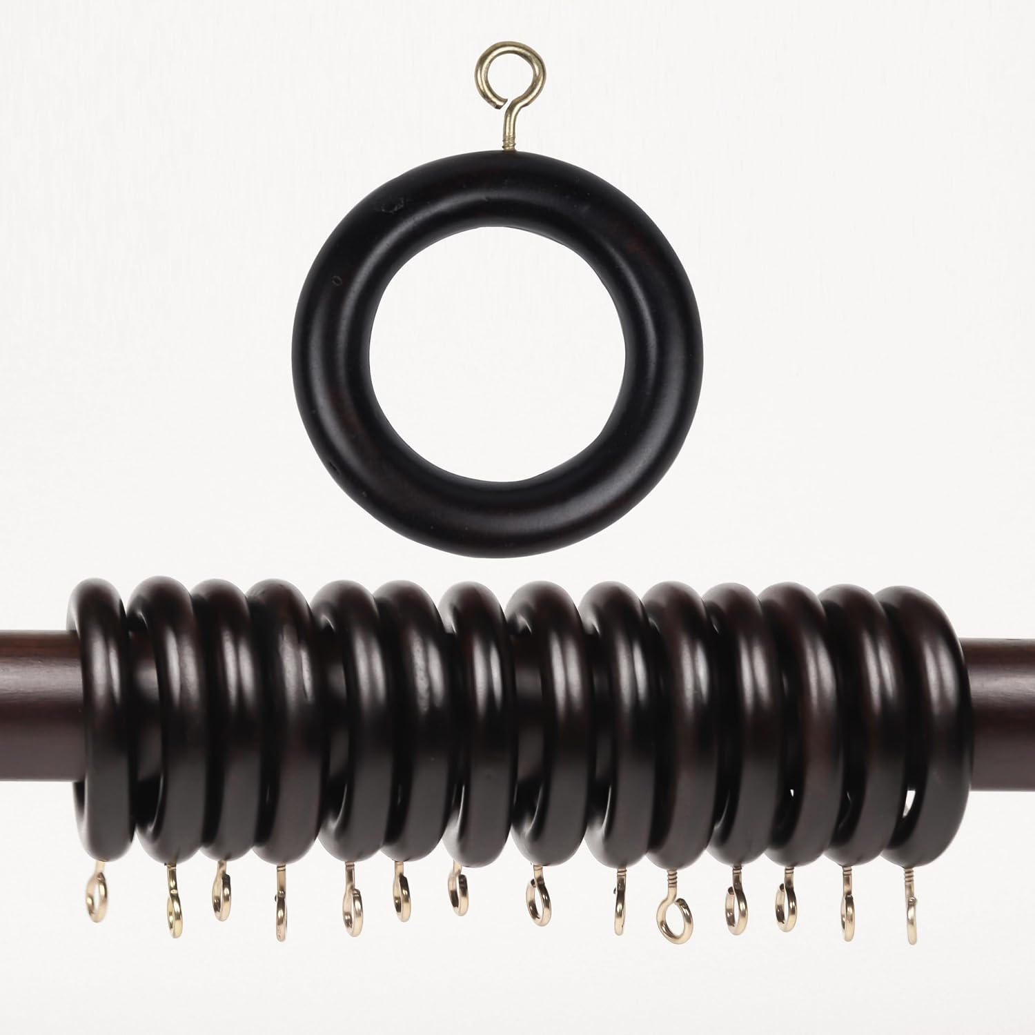 Walnut black wooden curtain rings with metal eyehooks, without clips