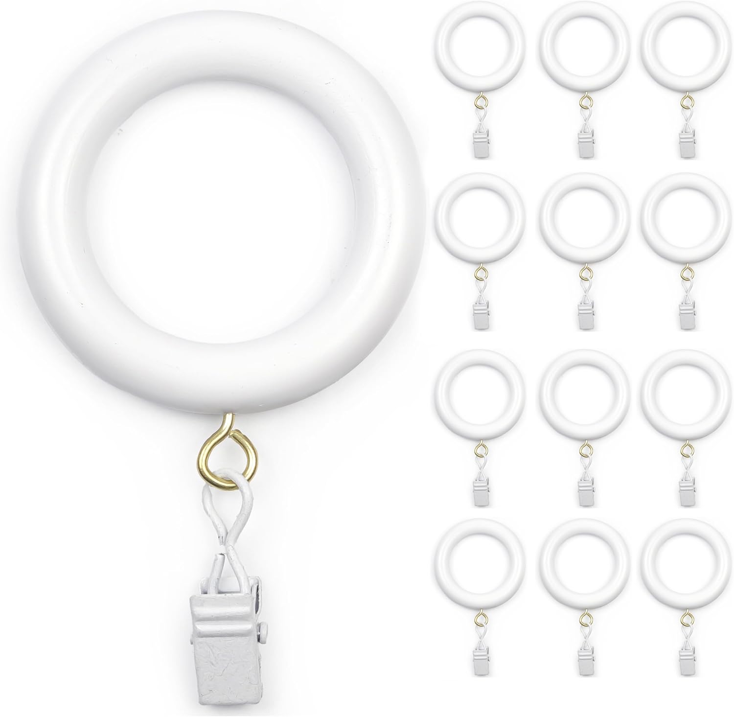 White wooden curtain rings with matching white clips