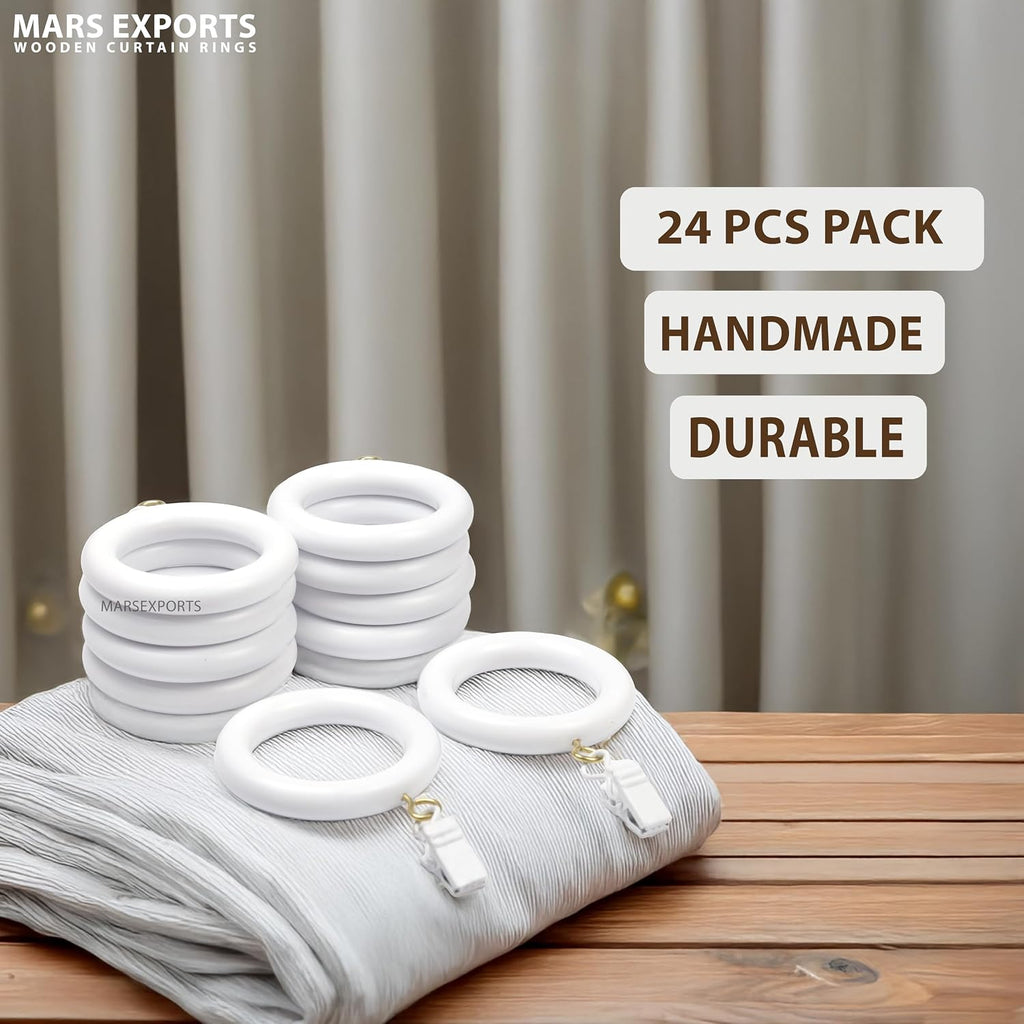 White wooden curtain rings with clips