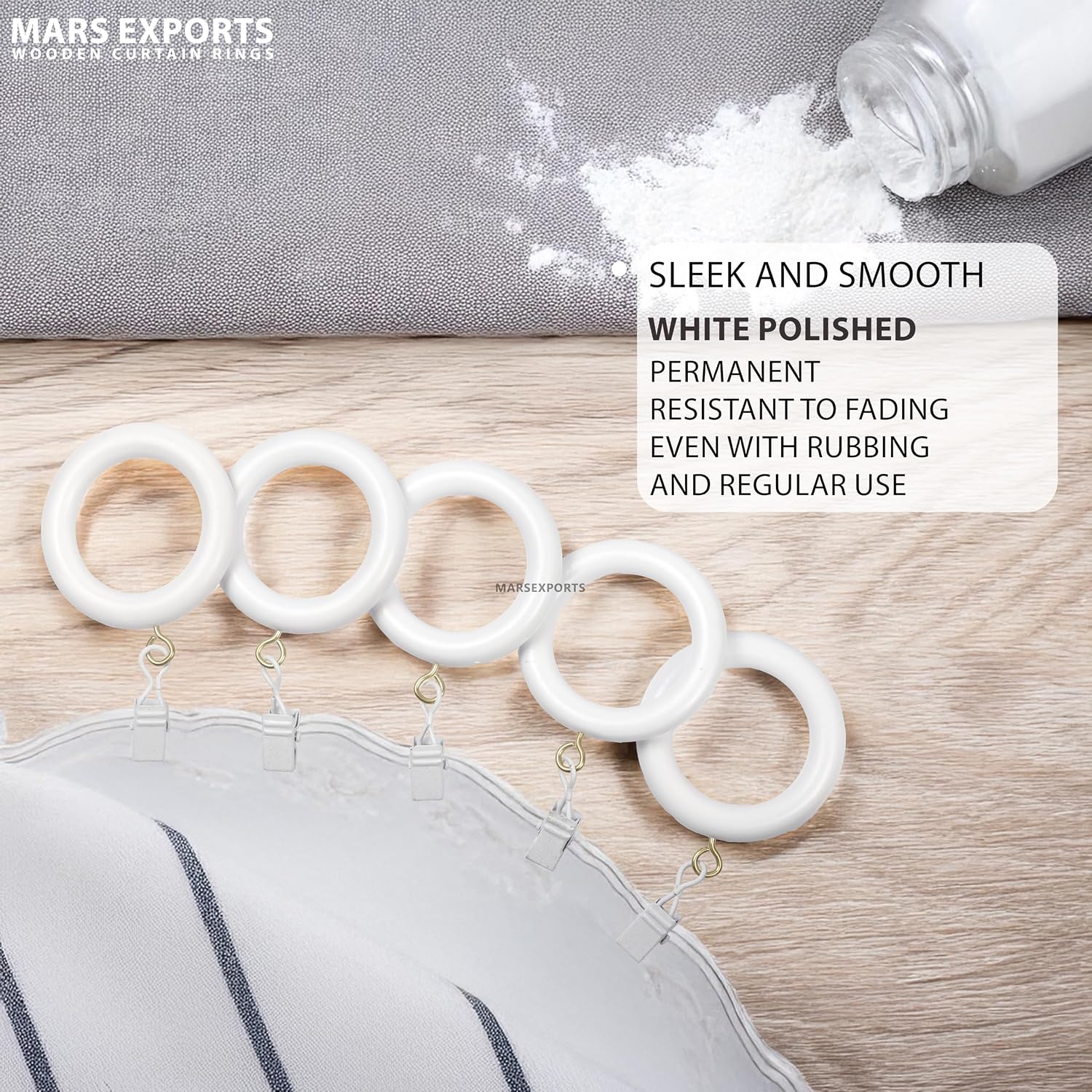 White wooden curtain rings with clips