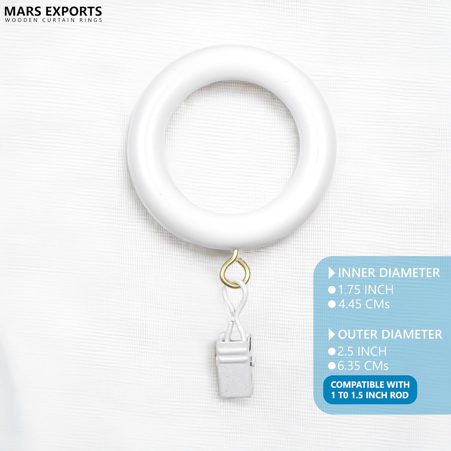 White wooden curtain rings with clips