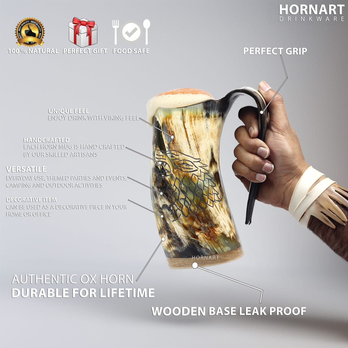 Wolf design natural ox horn Viking mug with integrated handle and wooden base